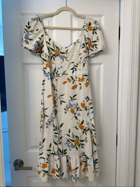 White Floral Puff-Sleeve Midi Dress with Orange & Blue Print